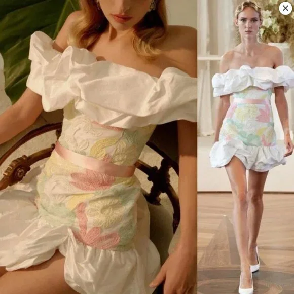 Markarian Dress Mini Ruffled Floral Off the Shoulder Pastel Grace White Pink 4 - Picture 1 of 6